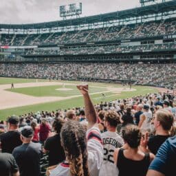 Cheering crowd at a baseball game.