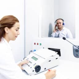 Audiologist administering a hearing test